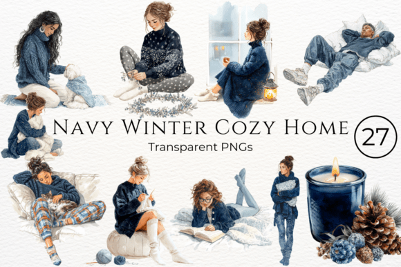 Download Navy Winter Cozy Home Watercolor Clipart - Art Collection