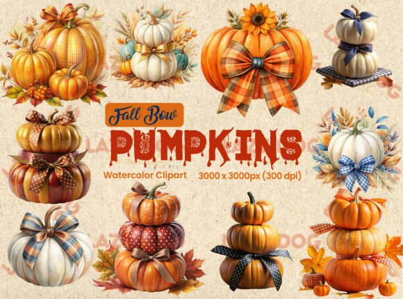 Download Fall Bow Pumpkins Watercolor Clipart - Art Collection
