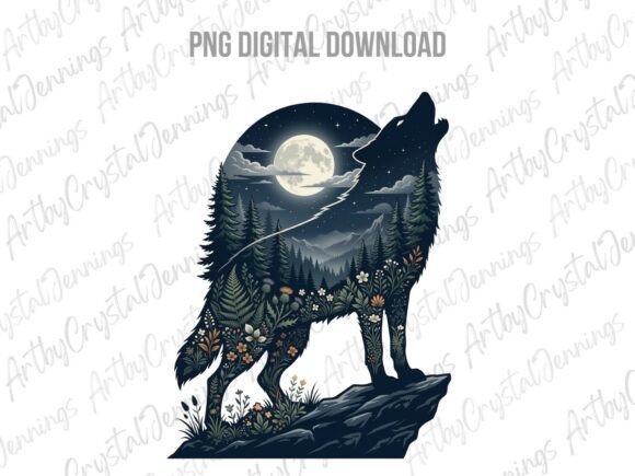 Download Midnight Moon Floral Scenic Wolf PNG - Moon Collection