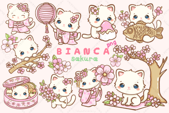 Download Kawaii White Cat Sakura Festival Clipart - Art Collection