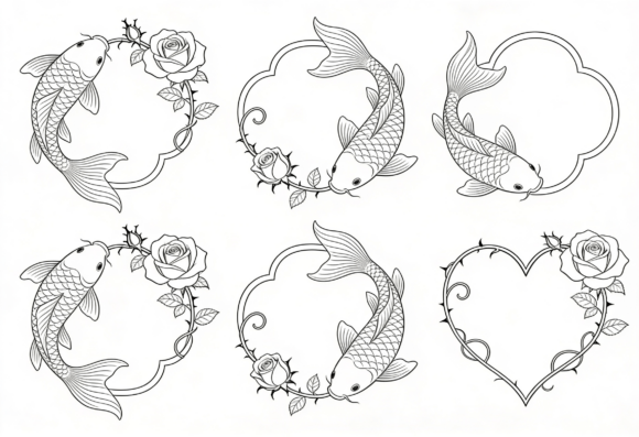 Download Koi Fish Rose Frame Clipart Black and - Art Collection