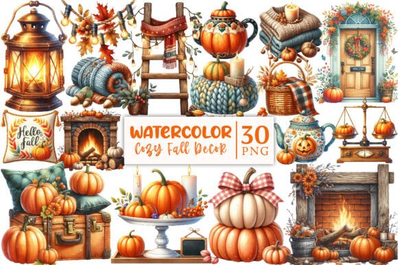 Download Watercolor Cozy Fall Decor Clipart - Art Collection
