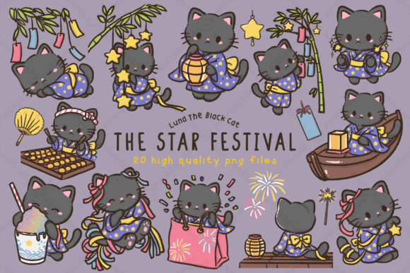 Download Kawaii Black Cat Star Festival Clipart - Art Collection