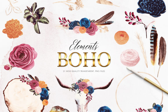 Download Boho Clipart Set, Bohemian Flowers - Art Collection