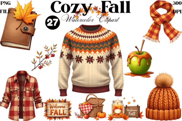 Download Watercolor Cozy Fall Clipart Bundle PNG - Art Collection