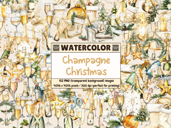 Download Champagne Christmas Watercolor Clipart - Art Collection