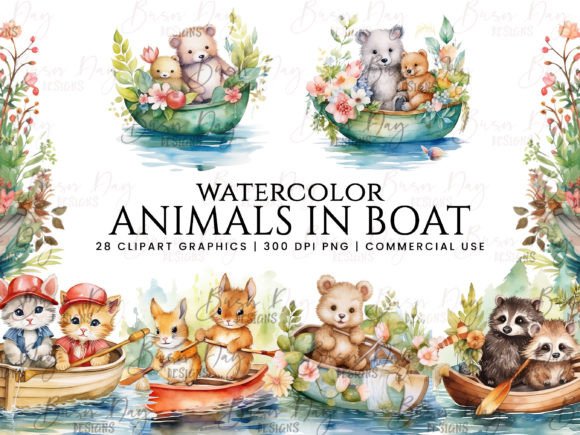 Download Watercolor Animals in Boat Clipart - Art Collection