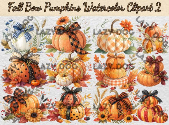 Download Fall Bow Pumpkins Watercolor Clipart 2 - Art Collection