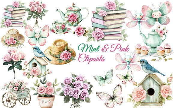 Download Mint &amp; Pink Aesthetic Clipart Bundle - Art Collection